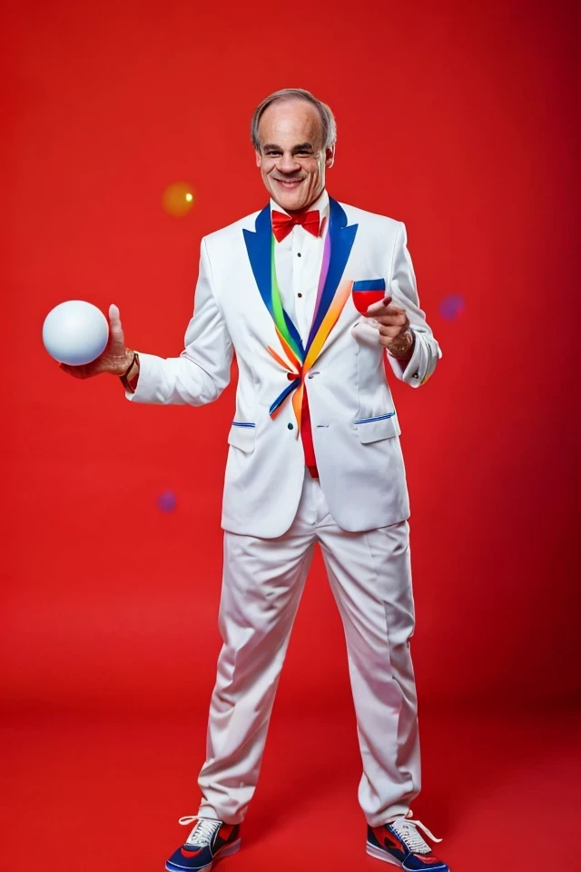 tom carper <lora:senate_015_tom_carper:0.65> , face closeup, face focus, shirt, formal, suit, collared shirt, white shirt, jacket,
Dressed in full clown regalia, with a red nose, oversized shoes, and rainbow suspenders, juggling several large balls,
best quality, masterpiece, HDR, professional, studio quality, highres,