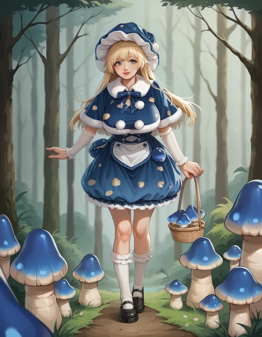 score_9, score_8_up, score_7_up, score_6_up, best quality, anime, 1girl, pale skin, long blonde hair, bangs, blue eyes, red lipstick, large breasts, hud_mshrm_drss, blue mushroom hat, blue dress, brown spots, pom pom (clothes), blue and white fur-trimmed capelet, white socks, black shoes, mushrooms, <lora:mushroom_dress:0.8>, standing, forest, front view, light smile