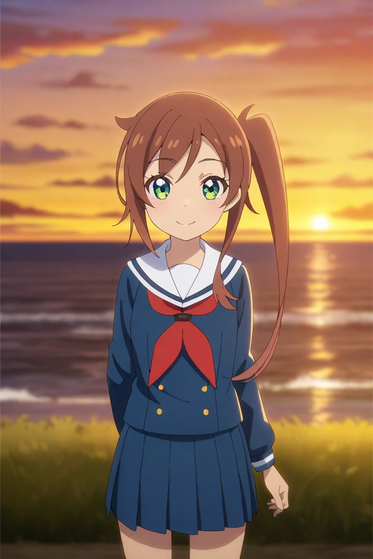 chikura shizuru,1girl, solo, skirt, red neckerchief, green eyes, pleated skirt, school uniform, brown hair, closed mouth, blue skirt, outdoors, neckerchief, sailor collar, white sailor collar, shirt, serafuku, smile, long hair, looking at viewer, long sleeves, bangs, blue shirt, side ponytail, sunset, cloud, blurry background, sky, horizon, standing,
<lora:chikura shizuru A31 e1:0.85>