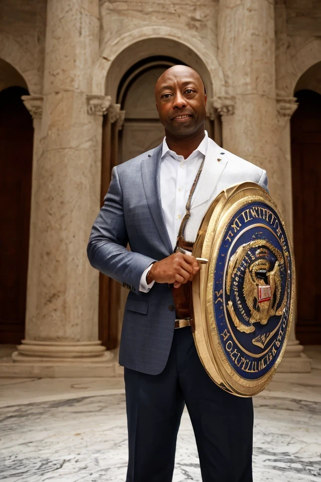tim scott <lora:senate_080_tim_scott:0.65> , face closeup, face focus, shirt, formal, suit, collared shirt, white shirt, jacket,
Wearing gladiator armor, standing in a Roman-style coliseum, holding a sword and shield with the Senate emblem on it,
best quality, masterpiece, HDR, professional, studio quality, highres,
