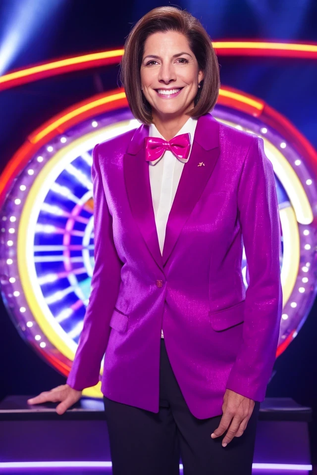 catherine cortez masto <lora:senate_055_catherine_cortez_masto:0.65> , face closeup, face focus, shirt, formal, suit, collared shirt, white shirt, jacket,
Dressed in a flashy game show host outfit with a bow tie and sparkly jacket, standing on a game show set, spinning a large prize wheel,
best quality, masterpiece, HDR, professional, studio quality, highres,