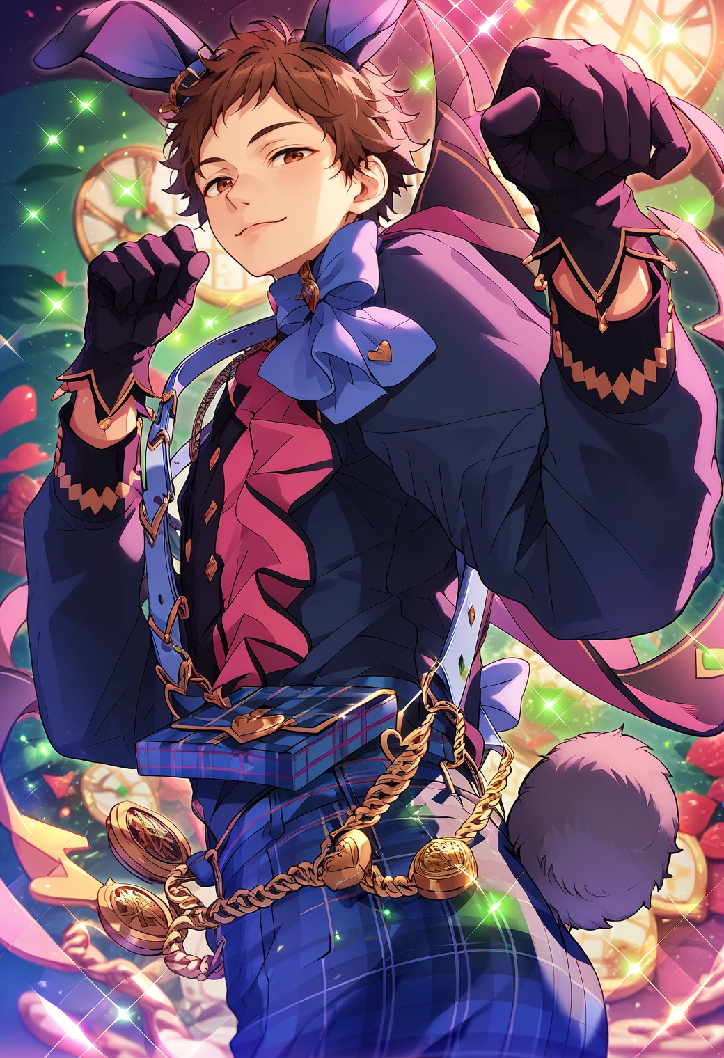 score_9, score_8_up, score_7_up, score_6_up, score_5_up, score_4_up, best quality, amazing quality, best aesthetic, absurdres, mitsuru tenma, brown hair, brown eyes, rabbit ears, rabbit tail, gloves, pocket watch, purple vest, blue plaid pants<lora:EMS-356239-EMS:1.000000>