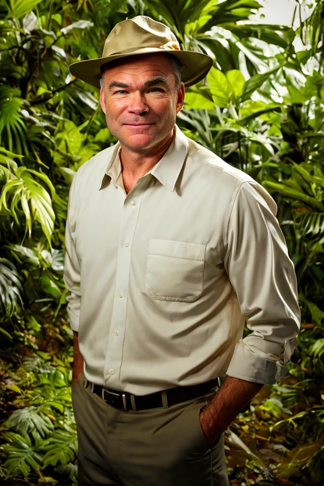 tim kaine <lora:senate_092_tim_kaine:0.65> , face closeup, face focus, shirt, formal, suit, collared shirt, white shirt, jacket,
Wearing a safari outfit with pith helmet, standing in a jungle setting,
best quality, masterpiece, HDR, professional, studio quality, highres,