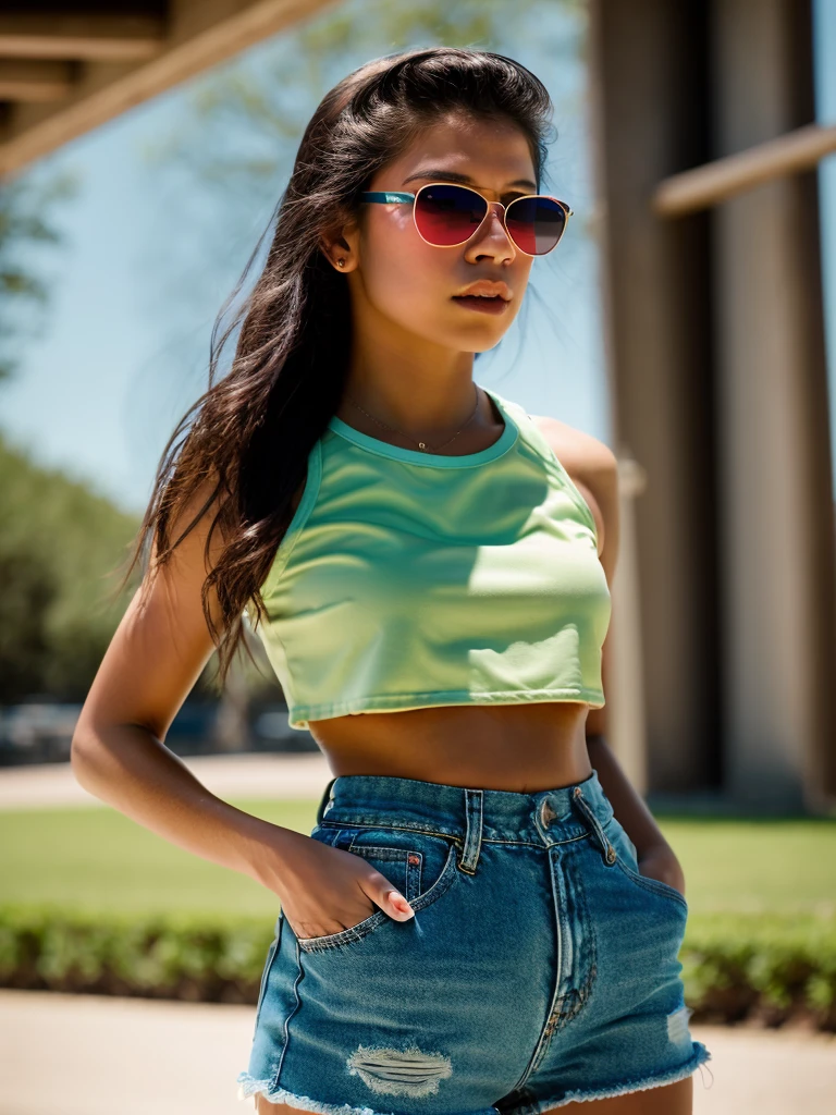 Realistic photo of a beautiful ch14r4b woman,1girl, solo, long hair, black hair, navel, shorts, midriff, dark skin, nail polish, lips, crop top, short shorts, halterneck, sunglasses, denim, denim shorts, realistic, soft lighting, professional Photography, Photorealistic, detailed, RAW, analog, sharp focus, 8k, HD, DSLR, high quality, Fujifilm XT3, film grain, award winning, masterpiece<lora:ch14r4b:1.0>