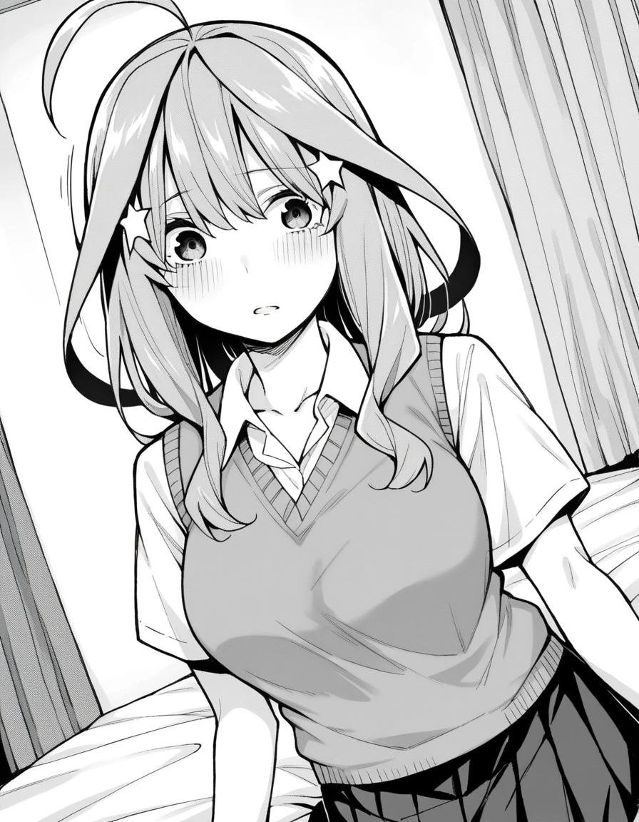score_9, score_8_up, score_7_up, source_anime,
itsukinakano, <lora:itsuki-nakano-manga-ponyxl-lora-nochekaiser:1>,
itsuki nakano, bangs, hair between eyes, ahoge, star \(symbol\), hair ornament, star hair ornament, monochrome, greyscale,
skirt, shirt, school uniform, collarbone, white shirt, short sleeves, pleated skirt, socks, collared shirt, miniskirt, kneehighs, white socks, sweater vest,
indoors, bed, bed room, on side, blush, drunk,
looking at viewer, cowboy shot, dutch angle, solo, mature female,