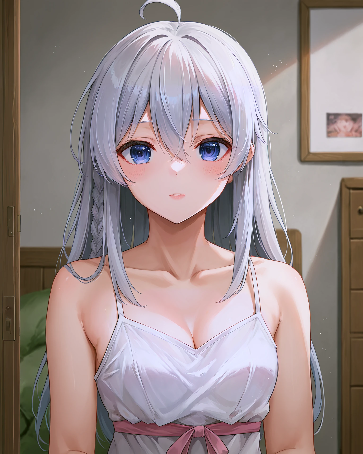 <lora:Majo_Elaina_XL:0.8> elaina, blue eyes, white hair, hair between eyes, long hair, bangs, ahoge, braid, single braid, hair bow, pink bow, jewelry, ribbon, collarbone, sleeveless, bare shoulders, cleavage, spaghetti strap, sleepwear, white sleepwear, dress, white dress, short dress, sleeveless dress, pink ribbon, upper body,, <lora:9_Detail_Tweaker_XL:0.8>, score_9, score_8_up, score_7_up, source_anime, masterpiece, best quality, highly detailed background, cinematic lighting, detailed eyes, perfect face,, lazy, teenager room, messy, bedroom, bed sheet, closet,