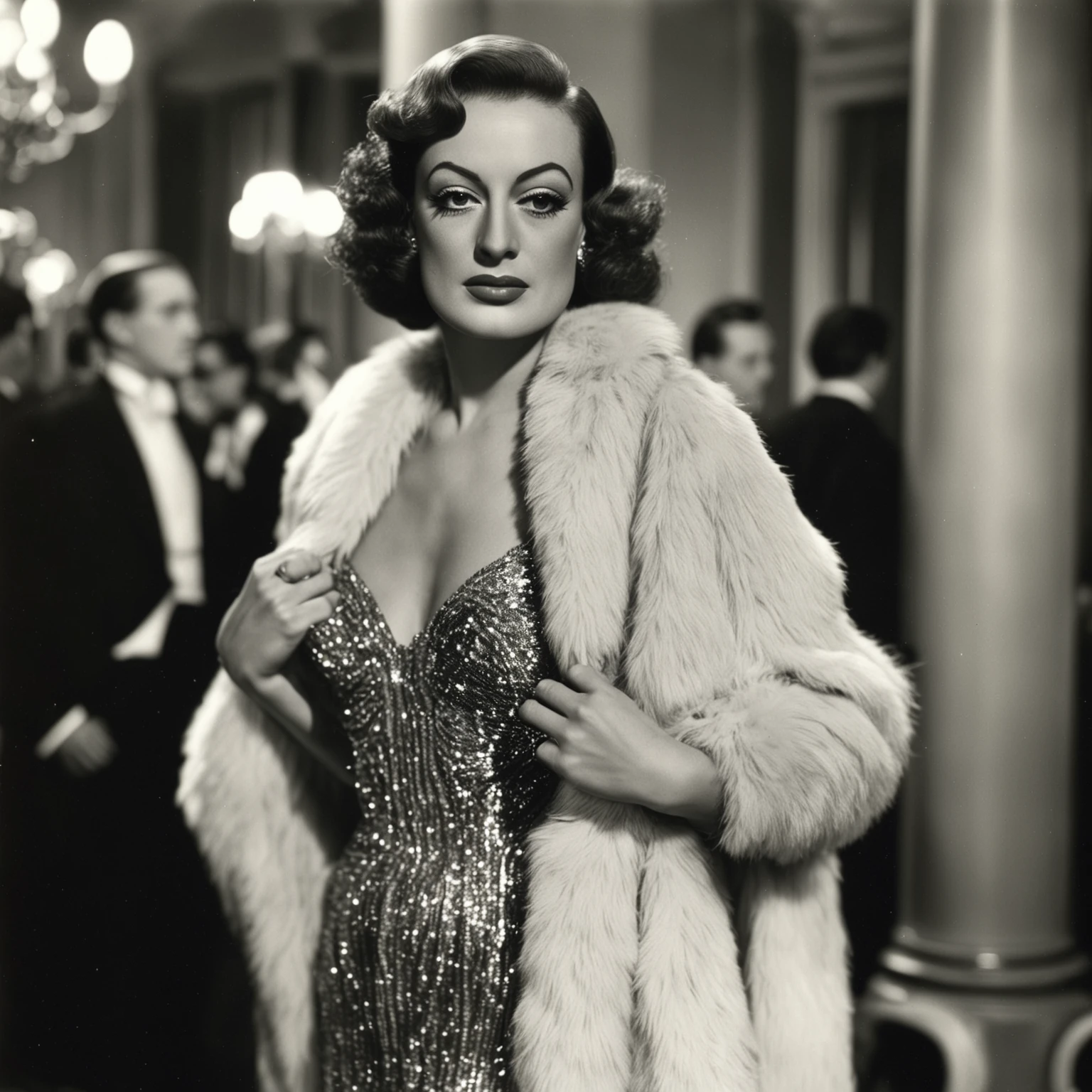 Joan Crawford, a Hollywood legend, poses elegantly in a black and white photograph, wearing a luxurious fur coat and holding a fur shawl. The timeless image features a sophisticated woman in a flowing dress, with a poised posture and a rich, luxurious atmosphere. The vintage photograph showcases Crawford's beauty and style, with a focus on her attire and the overall composition of the scene.