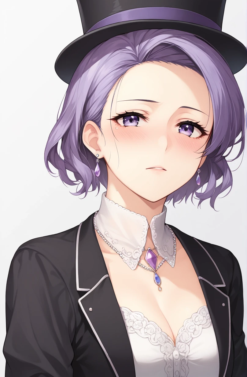 score_9, score_8_up, score_7_up, 1girl, purple hair, purple eyes, flowery dress, small, top hat, earrings, necklace, portrait, blush, looking at viewer, white background