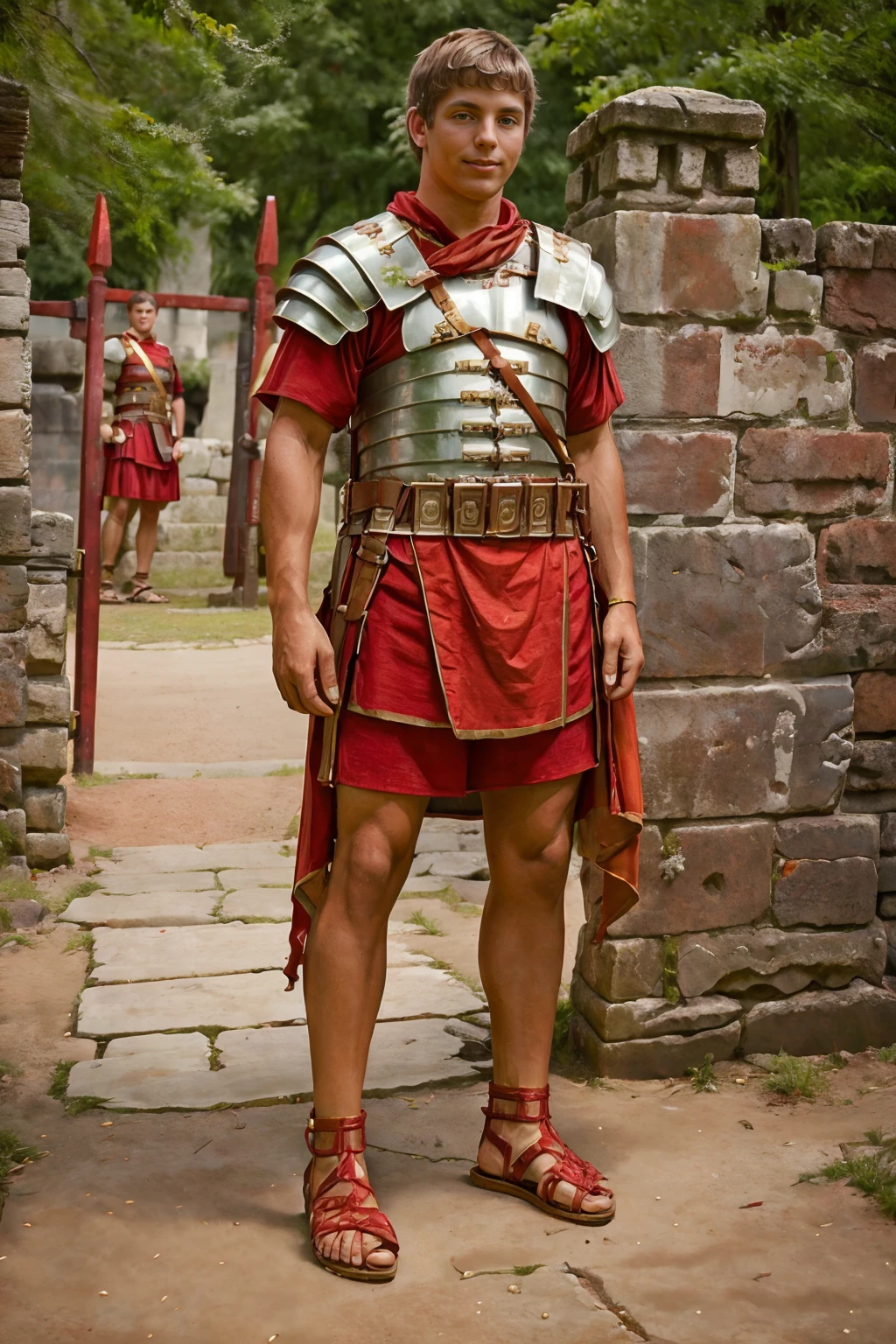 standing at the gate of a Roman fort, slight smile, CFElijah is wearing loriseg armor, (red tunic), (red shirt), (sandals), (((full body portrait))), (full body), wide angle, <lora:loriseg:0.7> <lora:fantrome_v3:0.5> <lora:CFElijah:0.8>