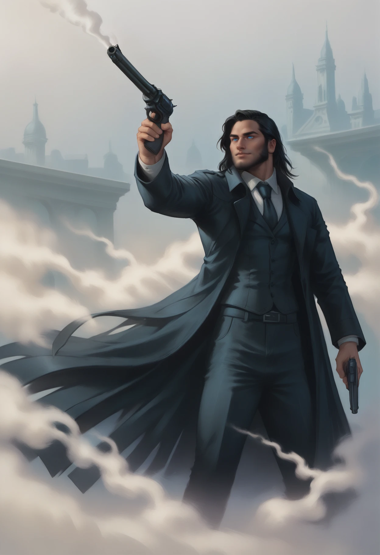 score_9_up, score_8_up, score_7_up, waxillium, (tasselled coat:1.2), gun, 1boy, long black hair, blue eyes, beard, necktie, white smoke, city, <lora:Waxillium_Ladrian_-_Mistborn_Era_2_Pony:0.6>