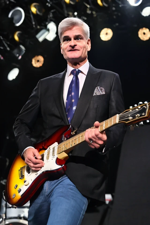 bill cassidy <lora:senate_035_bill_cassidy:0.65> , face closeup, face focus, shirt, formal, suit, collared shirt, white shirt, jacket,
Senate Rockstar: Dressed in leather pants, a rock band t-shirt, and sunglasses, holding an electric guitar on a stage with flashing lights and a cheering crowd in the background,
best quality, masterpiece, HDR, professional, studio quality, highres,