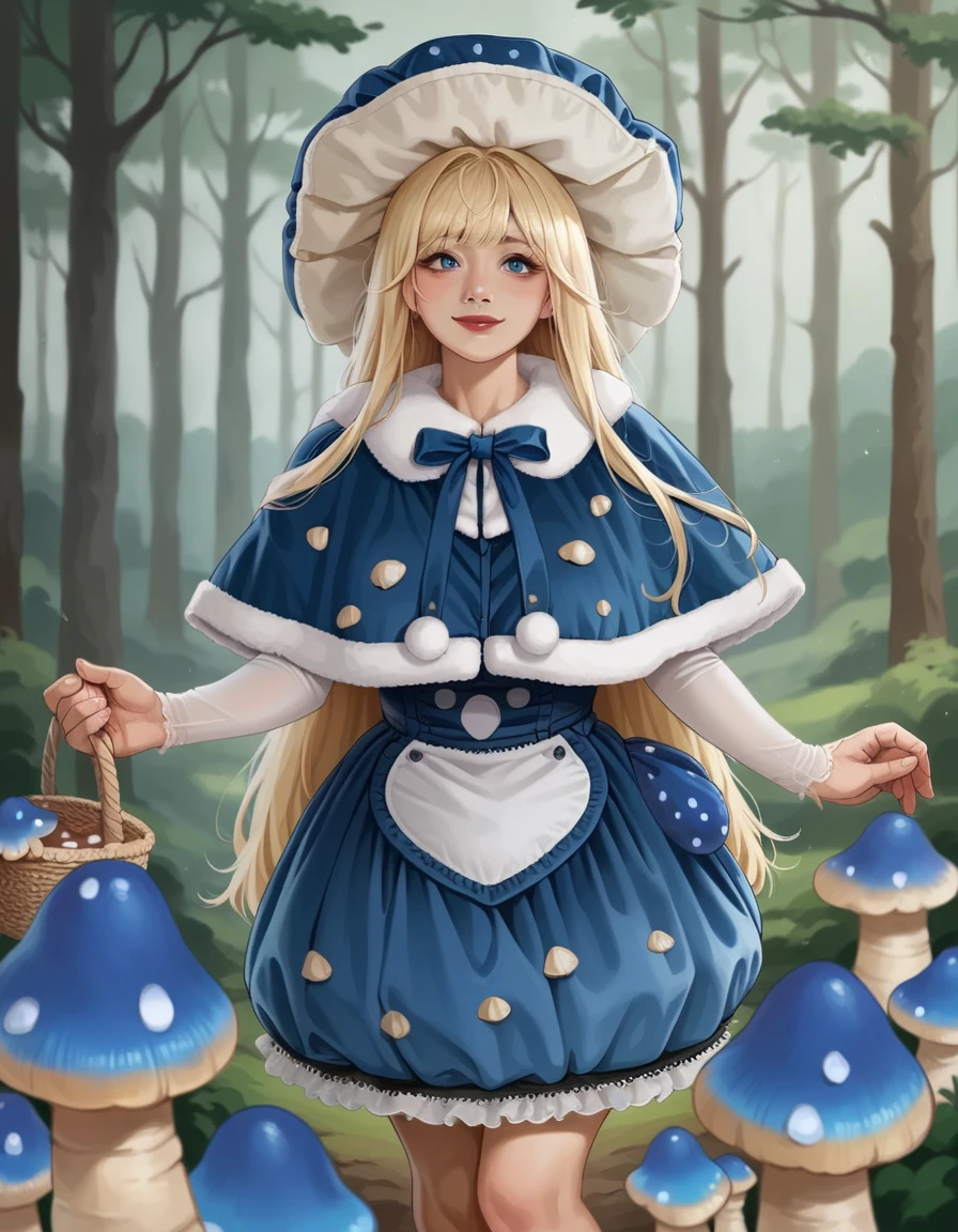 score_9, score_8_up, score_7_up, score_6_up, best quality, anime, 1girl, curvy, pale skin, long blonde hair, bangs, blue eyes,  large breasts, red lipstick,, hud_mshrm_drss, blue mushroom hat, blue dress, brown spots, pom pom (clothes), blue and white fur-trimmed capelet, mushrooms, <lora:mushroom_dress:0.8>, standing, forest, front view, light smile, holding