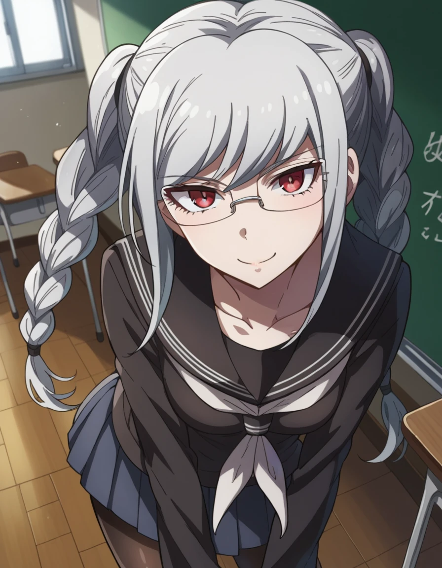 score_9, score_8_up, score_7_up, source_anime,
pekopekoyama, <lora:peko-pekoyama-s2-ponyxl-lora-nochekaiser:1>,
peko pekoyama, braid, long hair, red eyes, twin braids, glasses, white hair,
black pantyhose, black shirt, brown footwear, collarbone, pantyhose, pleated skirt, school uniform, serafuku, shirt, shoes, skirt,
indoors, classroom, bent over, smile,
looking at viewer, cowboy shot, dutch angle, solo,