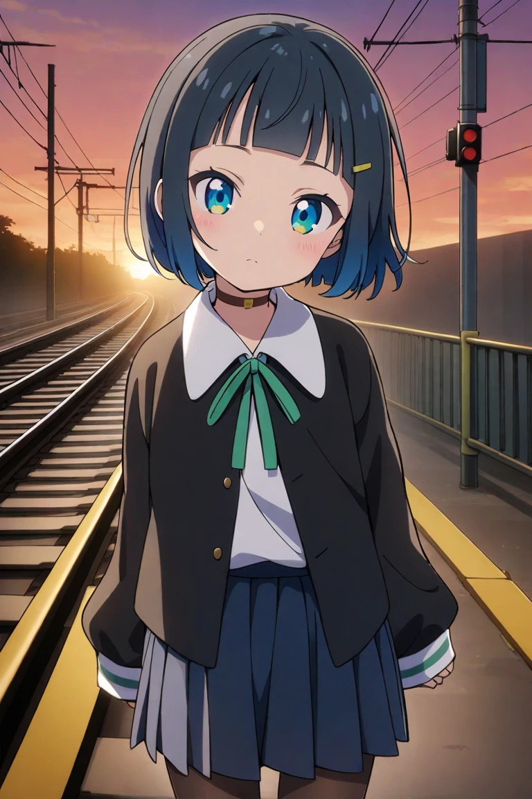 shinonome akira,1girl, solo, blue eyes, sleeves past wrists, skirt, shirt, jacket, blue skirt, closed mouth, choker, looking at viewer, white shirt, hair ornament, open clothes, black jacket, bangs, short hair, hairclip, ribbon, long sleeves, pleated skirt, open jacket, neck ribbon, green ribbon, collared shirt, black hair, blunt bangs, blue hair,shoes, pantyhose,outdoors,railroad signal, sunset, railroad,
<lora:shinonome akira A31 e1:0.75>