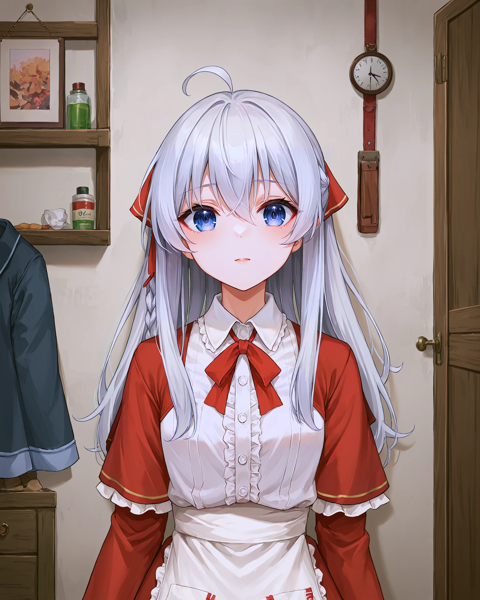 <lora:Majo_Elaina_XL:0.7> elaina, blue eyes, white hair, hair between eyes, long hair, bangs, ahoge, braid, single braid, hair bow, pink bow, ribbon, hair ribbon, red ribbon, sidelocks, shirt, white shirt, collared shirt, wing collar, long sleeves, capelet, red capelet, dress, red dress, long dress, frills, frilled dress, apron, waist apron, white apron, upper body,, <lora:9_Detail_Tweaker_XL:0.8>, score_9, score_8_up, score_7_up, source_anime, masterpiece, best quality, highly detailed background, cinematic lighting, detailed eyes, perfect face,, lazy, teenager room, messy, bedroom, bed sheet, closet,