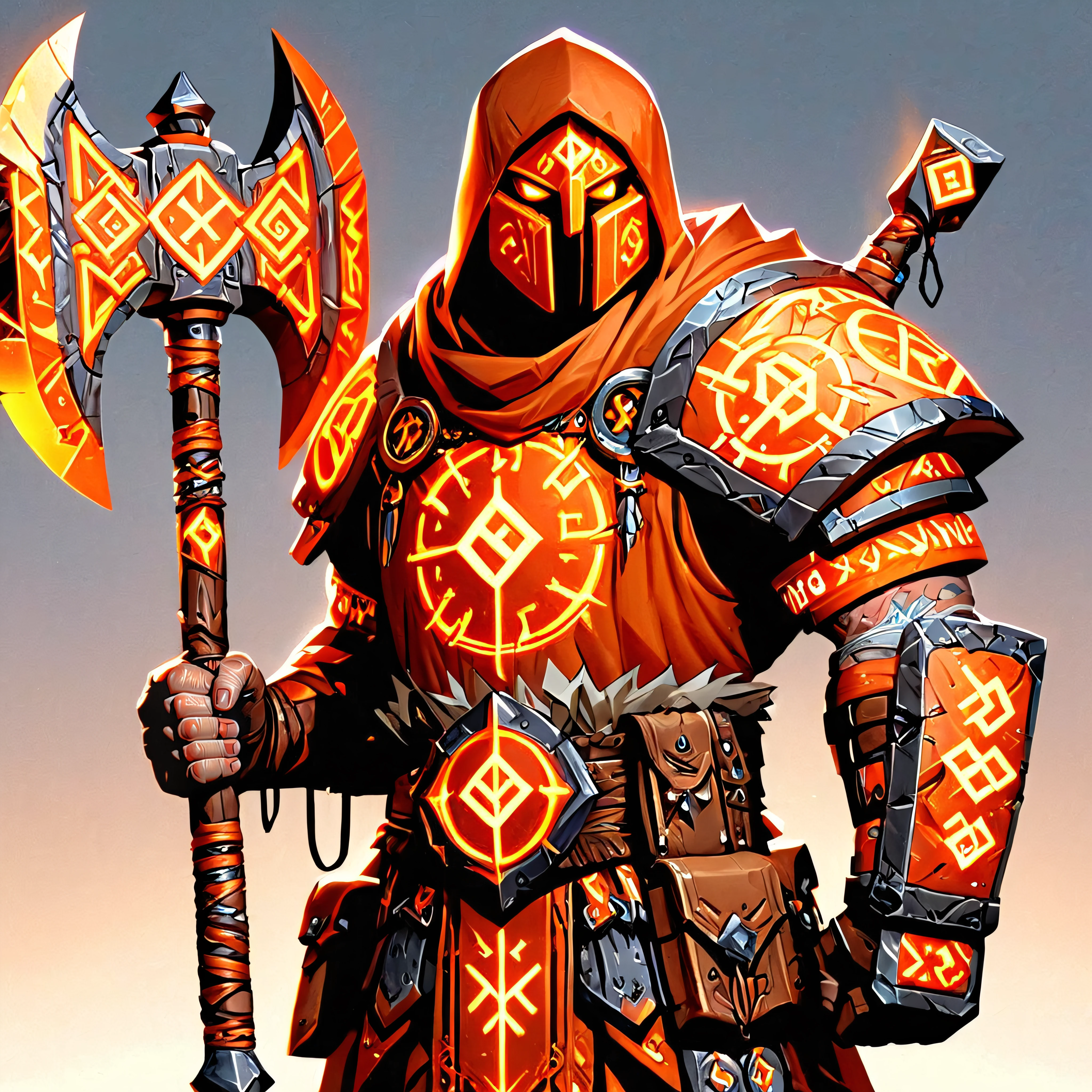 1man, front and back, orange colors, flashfire glowing runes, holding a glowing mace, Clear picture, high res, defined facial features, best mouth and teeth, realistic,