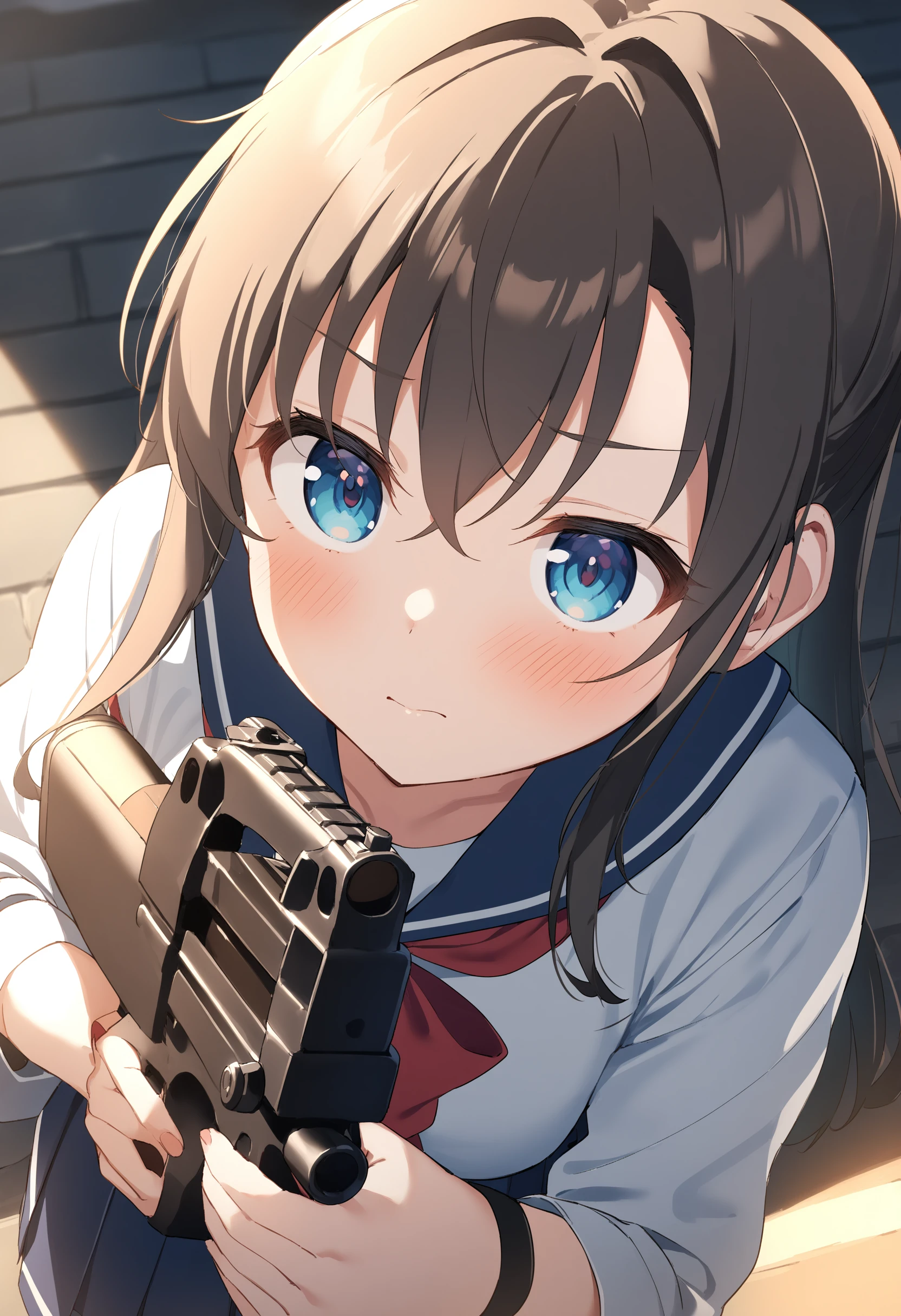 1girl,sincos, ningen mame, toosaka asagi,solo,medium breasts,school uniform,
P90, weapon, submachine gun, holding gun, aiming, <lora:P90_XL_v1:0.7>
from above, portrait, looking up, blush, Edinburgh city, closed mouth,
best quality, very aesthetic, absurdres,