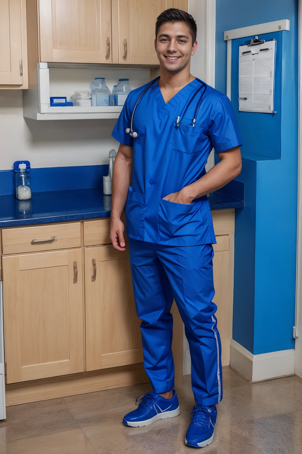 hospital, nurses' station, standing beside a high countertop, holding a clipboard, smiling, CFElijah is a male nurse, wearing a blue nursing uniform, mens' nursing uniform, blue nursing scrubs, sneakers, (((full body portrait))), wide angle <lora:CFElijah:0.8>