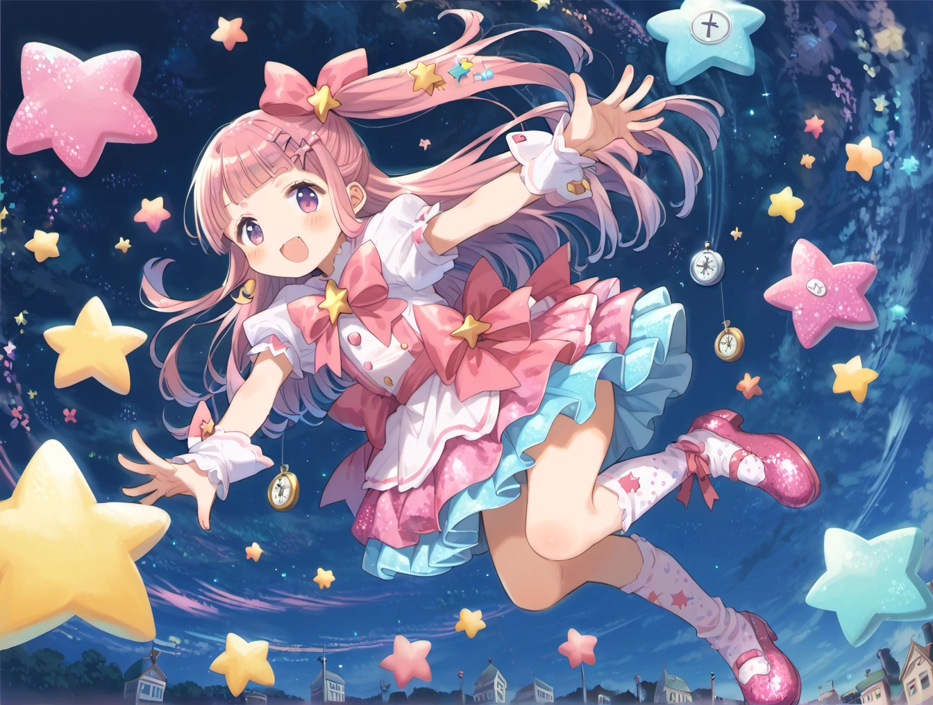 score_9, score_8_up, score_7_up,source_anime,BREAK uncensored,1girl,(colorful:1.2),Magical Girl , ((yumekawa,yumekawaii)),pastel colors, dynamic pose, dynamic angle,wonderland,Gothic decoration,sticker style,heart item,star item,ribbon,symbolic, conspicuous,(star glitter and hart glitter:1.5),(kawaii town at night:1.5),(big clock tower:1.2),(Meteor shower,star and hart effect:1.3),