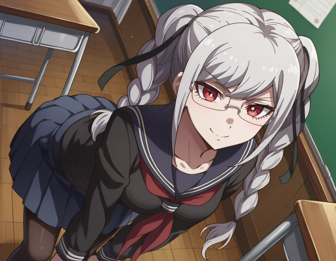 score_9, score_8_up, score_7_up, source_anime,
pekopekoyama, <lora:peko-pekoyama-s2-ponyxl-lora-nochekaiser:1>,
peko pekoyama, braid, long hair, red eyes, twin braids, glasses, white hair,
black pantyhose, black shirt, brown footwear, collarbone, pantyhose, pleated skirt, school uniform, serafuku, shirt, shoes, skirt,
indoors, classroom, bent over, smile,
looking at viewer, cowboy shot, dutch angle, solo,