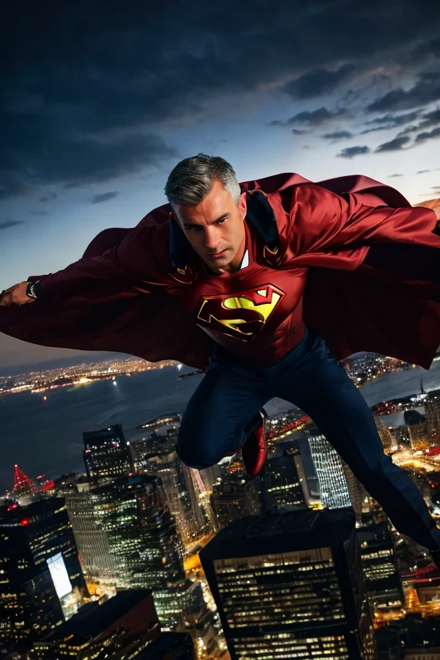 jack reed <lora:senate_077_jack_reed:0.65> , face closeup, face focus, shirt, formal, suit, collared shirt, white shirt, jacket,
Wearing a superhero costume with a giant "S" on the chest, flying above a city skyline with a cape flowing behind them,
best quality, masterpiece, HDR, professional, studio quality, highres,