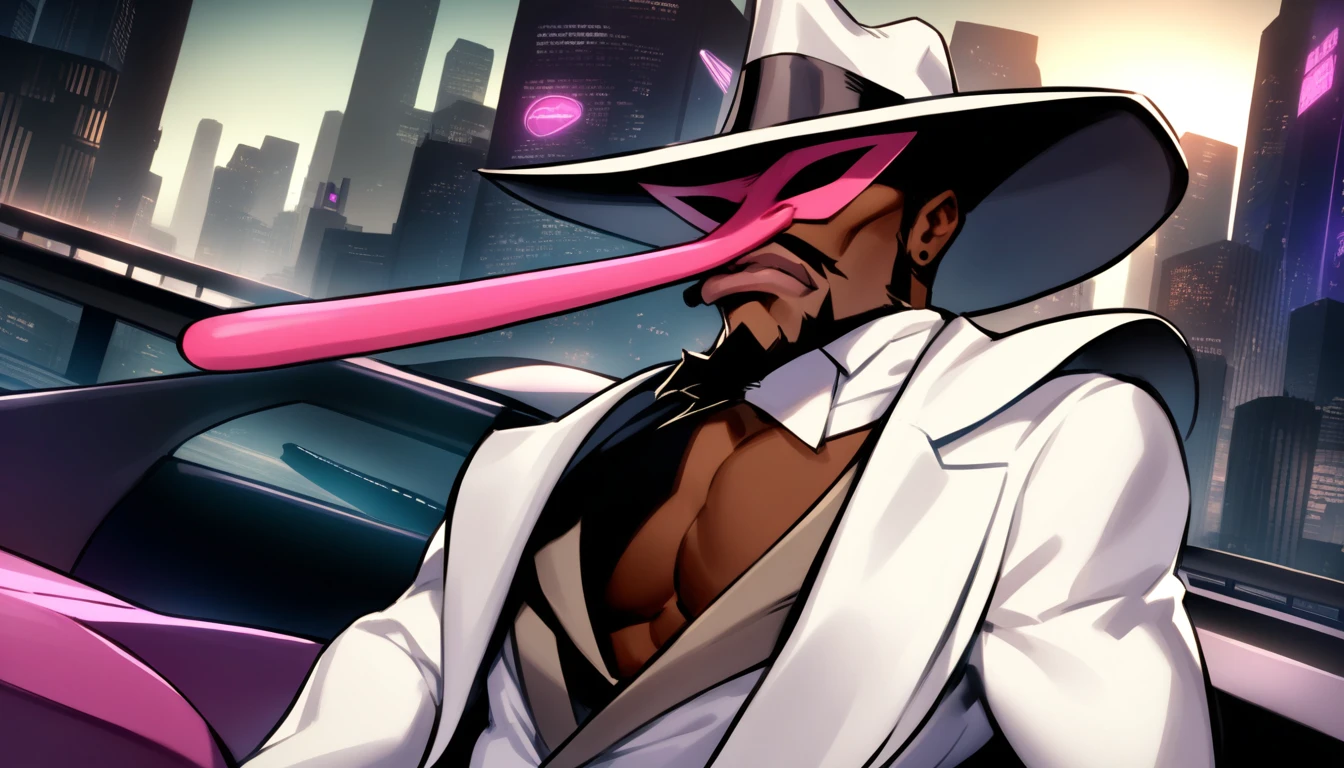 masterpiece, best quality, very aesthetic, absurdres,

sir nose, 1boy, solo, mask, hat, goatee, black hair, dark-skinned male, white suit, black eyes, medium shot, cyberpunk city, (cape:0.5)