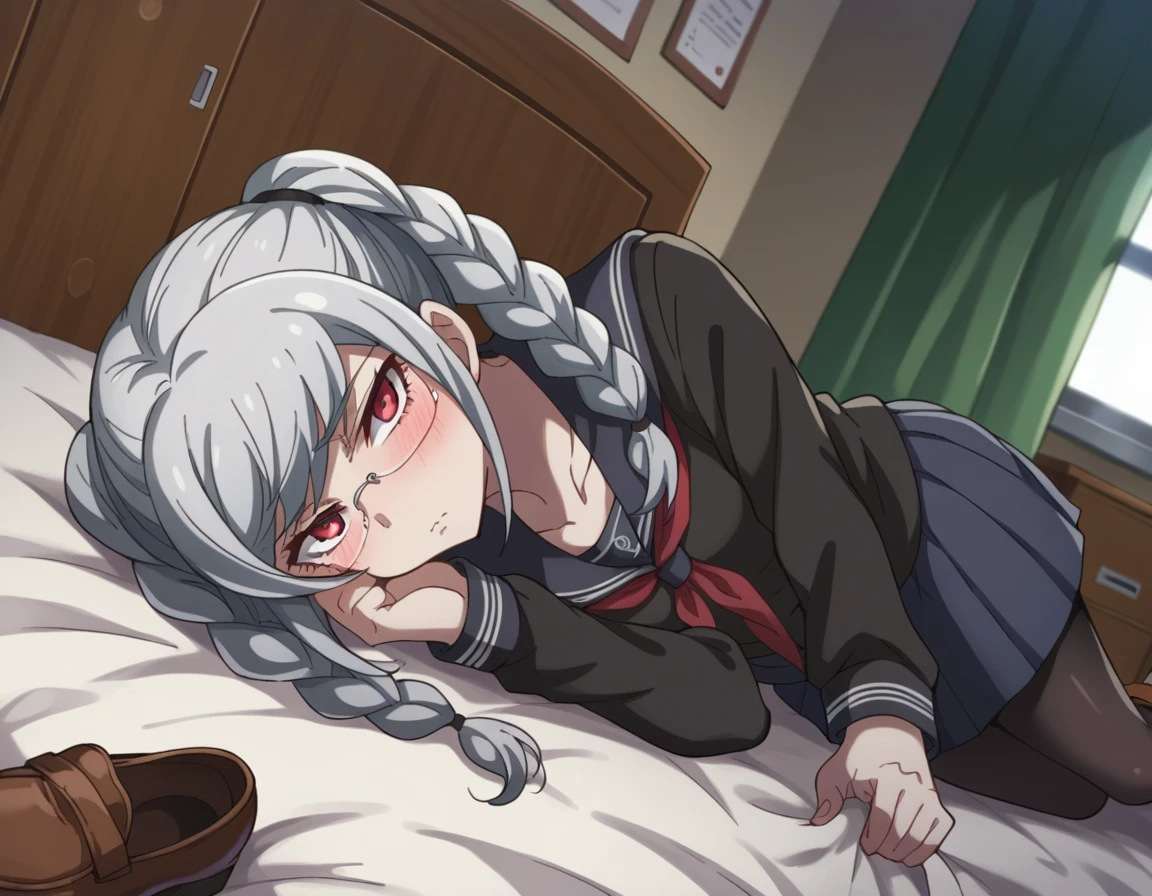 score_9, score_8_up, score_7_up, source_anime,
pekopekoyama, <lora:peko-pekoyama-s2-ponyxl-lora-nochekaiser:1>,
peko pekoyama, braid, long hair, red eyes, twin braids, glasses, white hair,
black pantyhose, black shirt, brown footwear, collarbone, pantyhose, pleated skirt, school uniform, serafuku, shirt, shoes, skirt,
indoors, bed, bed room, on side, blush, drunk,
looking at viewer, cowboy shot, dutch angle, solo,