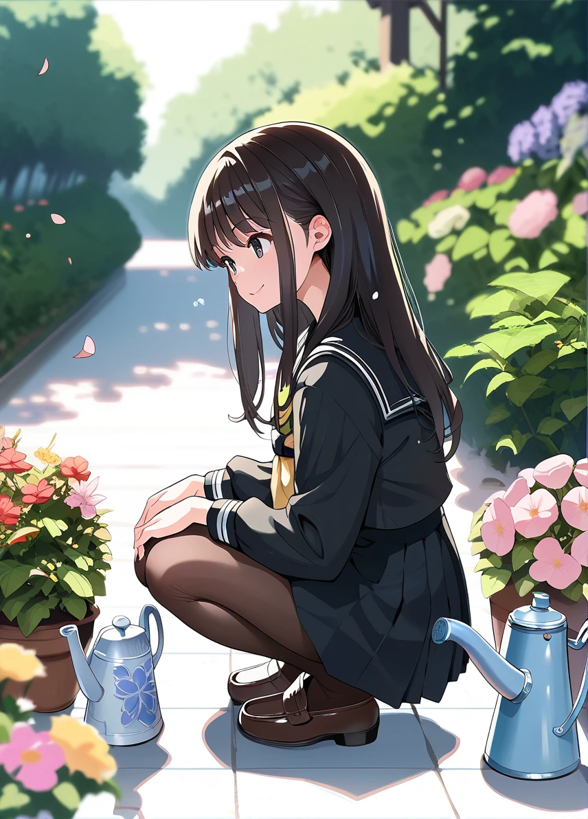 score_9, score_8_up, score_7_up, score_6_up, a girl squatting, from side, pantyhose,black serafuku, smile, watering can,loafers, flowers, looking away, long hair,
<lora:dozamura_style_pony6_v1-000010:1>