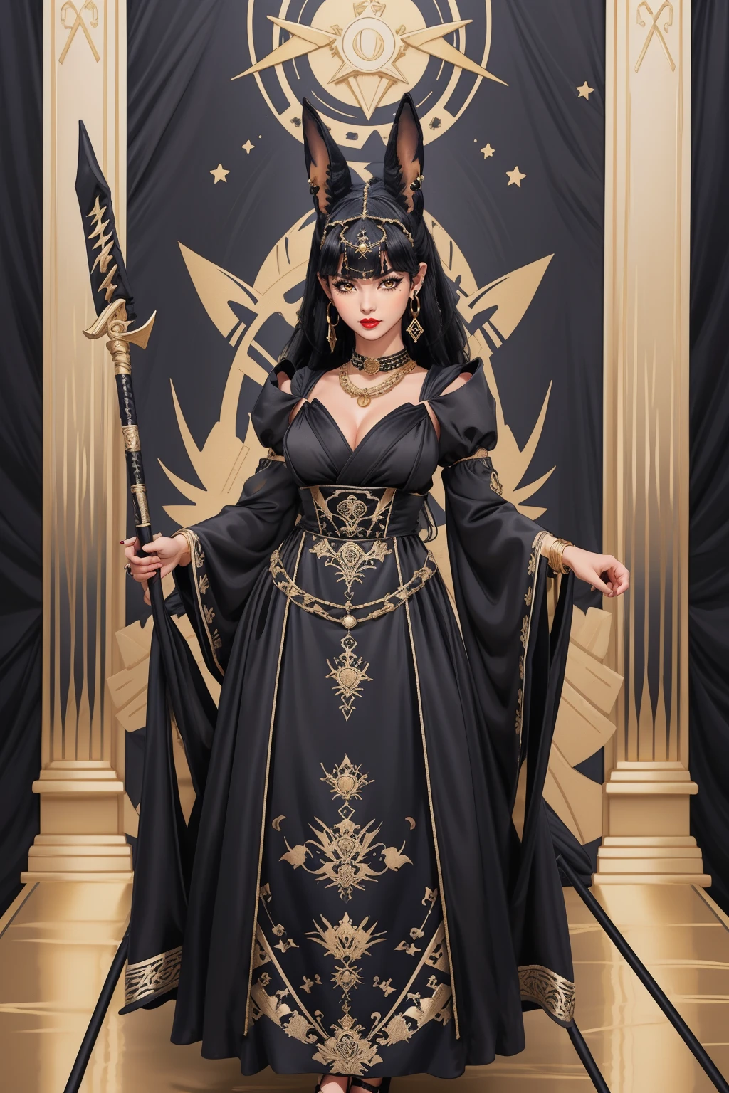 (macro shot:1.1), (battoujutsu_stance:1.1), (full body photo:1.3), adult woman, red lipstick, hud_anubis_drss, long dress, black dress with gold detail, ((black animal ears)), earrings, bracelets, necklace, gold headdress, long sleeves, puffy sleeves, high heels, staff, <lora:Anubis_Dresssd15-000008:0.7>, gold throne room