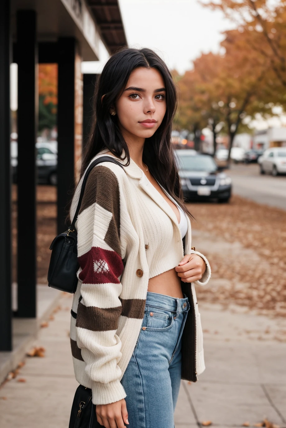 photo of a 0ER0_Darla_Claire woman, coat, sweater, fall colors, a cool fall evening, RAW Photograph, high quality, film grain, Fujifilm XT3, <lora:picxer_real:0.6>