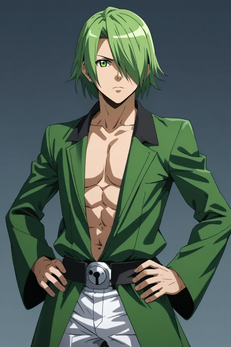 score_9, score_8_up, score_7_up, source_anime, intricate details, (realistic:0.6), , , , 1boy, solo, male focus, <lora:lubbock_akame_ga_kill_pony:0.8>, lubbock_akame_ga_kill, green hair, green eyes, short hair, hair over one eye, , robot costume, The Isle of Doom, Hands on hips, displaying impatience, <lora:sdxl_lightning_8step_lora:1>