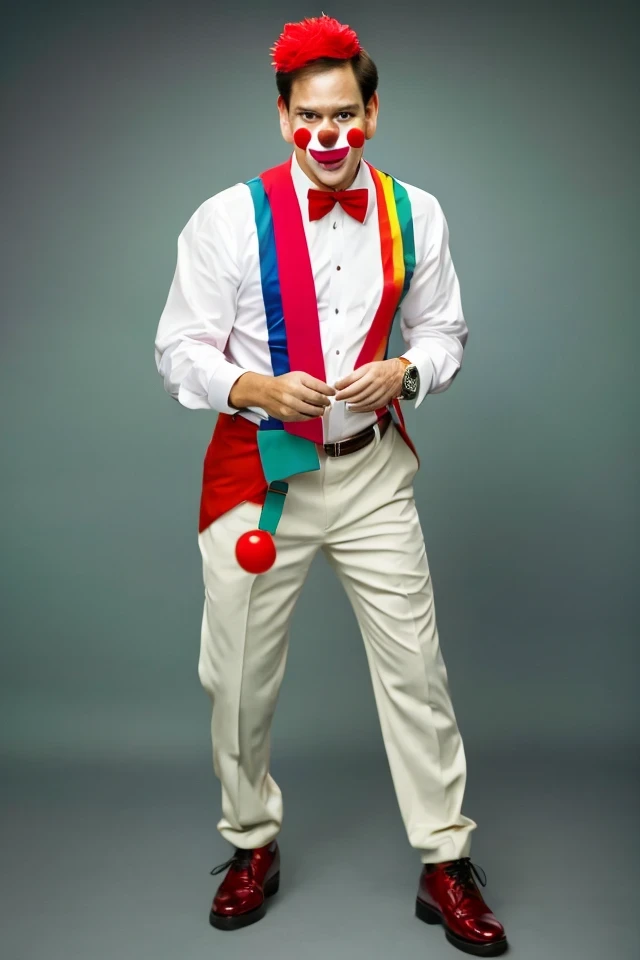 marco rubio <lora:senate_017_marco_rubio:0.65> , face closeup, face focus, shirt, formal, suit, collared shirt, white shirt, jacket,
Dressed in full clown regalia, with a red nose, oversized shoes, and rainbow suspenders, juggling several large balls,
best quality, masterpiece, HDR, professional, studio quality, highres,
