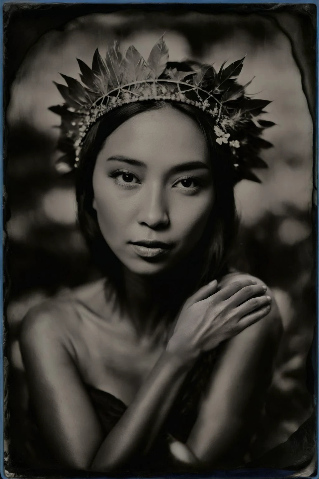 monochrome (wetplatecollodion:1.2),
a asian woman wearing headdress,
elegant, elbows out, silhouette, nature,
selective focus
<lora:fix_hands:1>
<lora:Wet Plate Collodion_SDXLBase-V2:0.9>