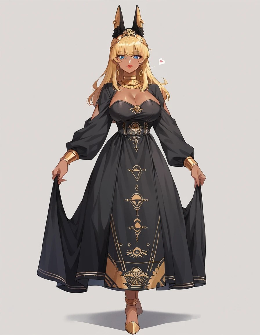 score_9, score_8_up, score_7_up, score_6_up, best quality, anime, 1girl, curvy, dark skin, long blonde hair, bangs, blue eyes,  large breasts, red lipstick, hhud_anubis_drss, black dress with gold detail, black animal ears, gold headdress, long sleeves, puffy sleeves, <lora:anubis_dress-000008:0.6>, standing, desert background