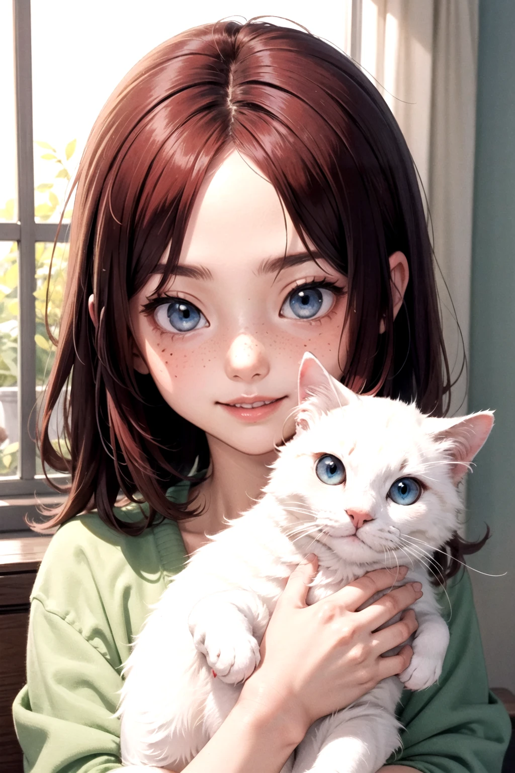 a beautiful anime girl, red hair, freckles, smooth skin, blurry background, holding a cat, soft, cute, happy, illustration, cute, perfect proportions, perfect face, perfect eyes