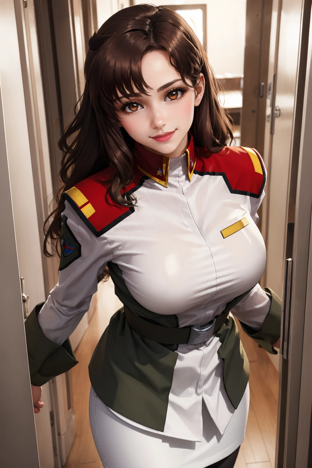 masterpiece, best quality, 1girl, <lora:murrueramius-nvwls-v1-000009:0.9> murrue ramius, white uniform, belt, white skirt, pantyhose, large breasts, from above, smile, lipstick, smile, looking at viewer, corridor