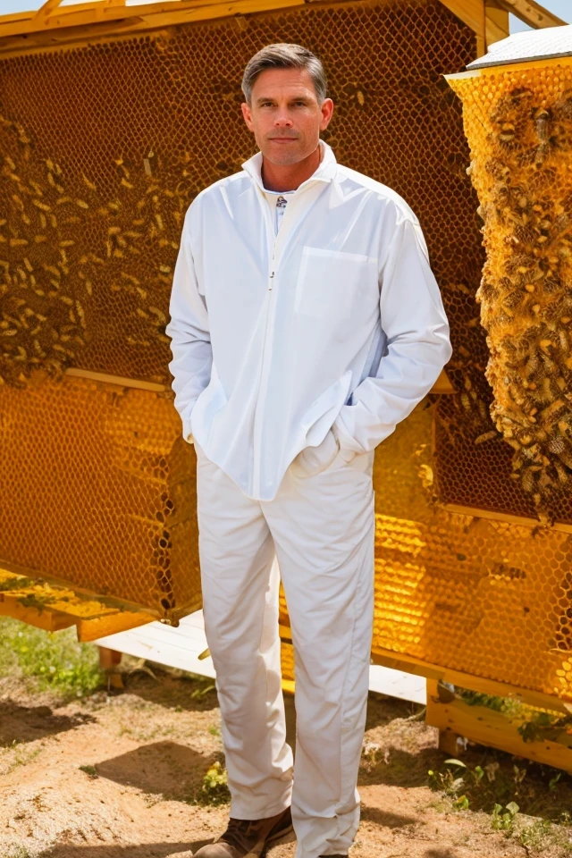 martin heinrich <lora:senate_061_martin_heinrich:0.65> , face closeup, face focus, shirt, formal, suit, collared shirt, white shirt, jacket,
Wearing a beekeeper suit, standing in an apiary with bee hives around, holding a giant honeycomb, "Honey Pot Funds",
best quality, masterpiece, HDR, professional, studio quality, highres,