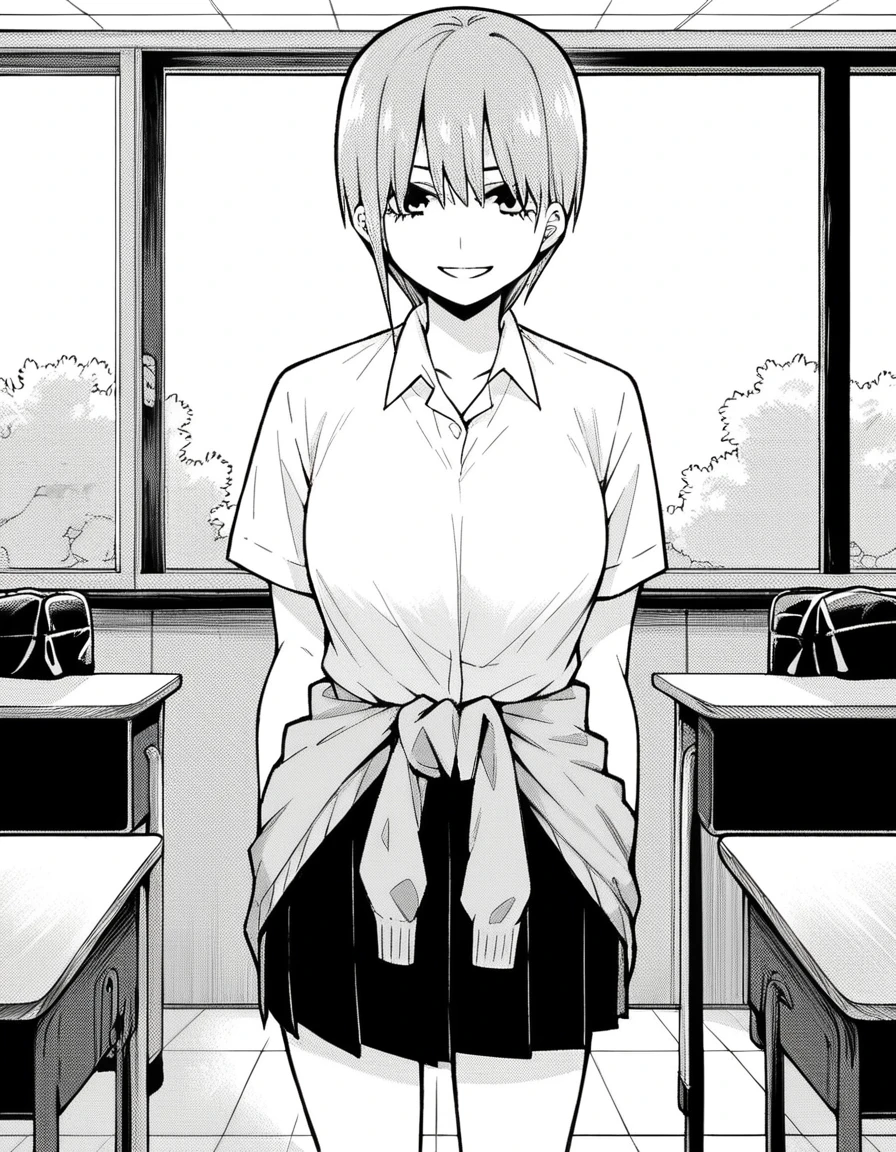 score_9, score_8_up, score_7_up, source_anime,
ichikanakano, <lora:ichika-nakano-manga-ponyxl-lora-nochekaiser:1>,
ichika nakano, short hair, bangs, hair between eyes, monochrome, greyscale,
skirt, shirt, school uniform, white shirt, short sleeves, pleated skirt, shoes, socks, collared shirt, black footwear, sweater, white socks, loafers, clothes around waist,
indoors, classroom, smile,
looking at viewer, straight-on, solo, cowboy shot, mature female,