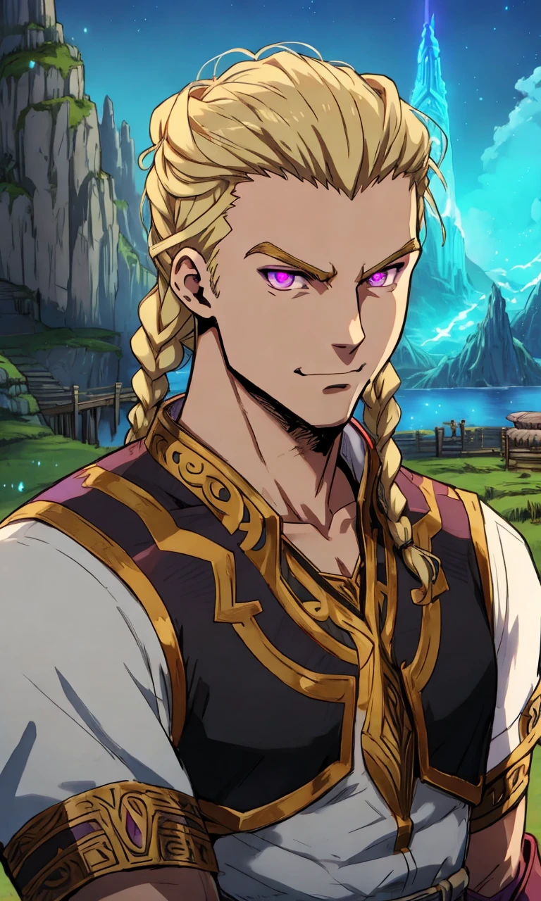 fantasy retro anime,  <lora:gow_h1emdall:0.6>,  h1emdall, male,  blonde cornrows, smug, white tunic,  blue glowing arm, purple eyes,  asgard village background,