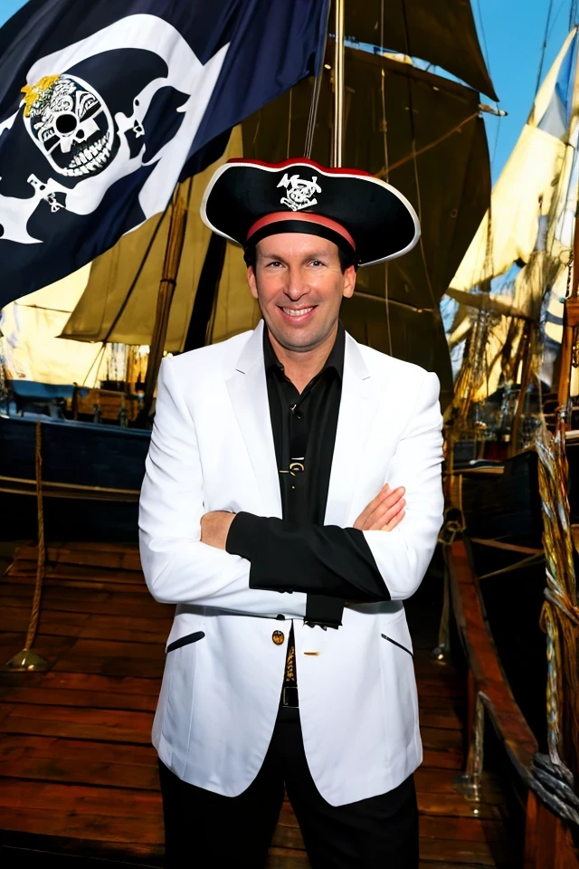 chris murphy <lora:senate_014_chris_murphy:0.65> , face closeup, face focus, shirt, formal, suit, collared shirt, white shirt, jacket,
Clad in a pirate outfit with an eyepatch, standing on a pirate ship with a Jolly Roger flag in the background, "Treasury Hunt",
best quality, masterpiece, HDR, professional, studio quality, highres,