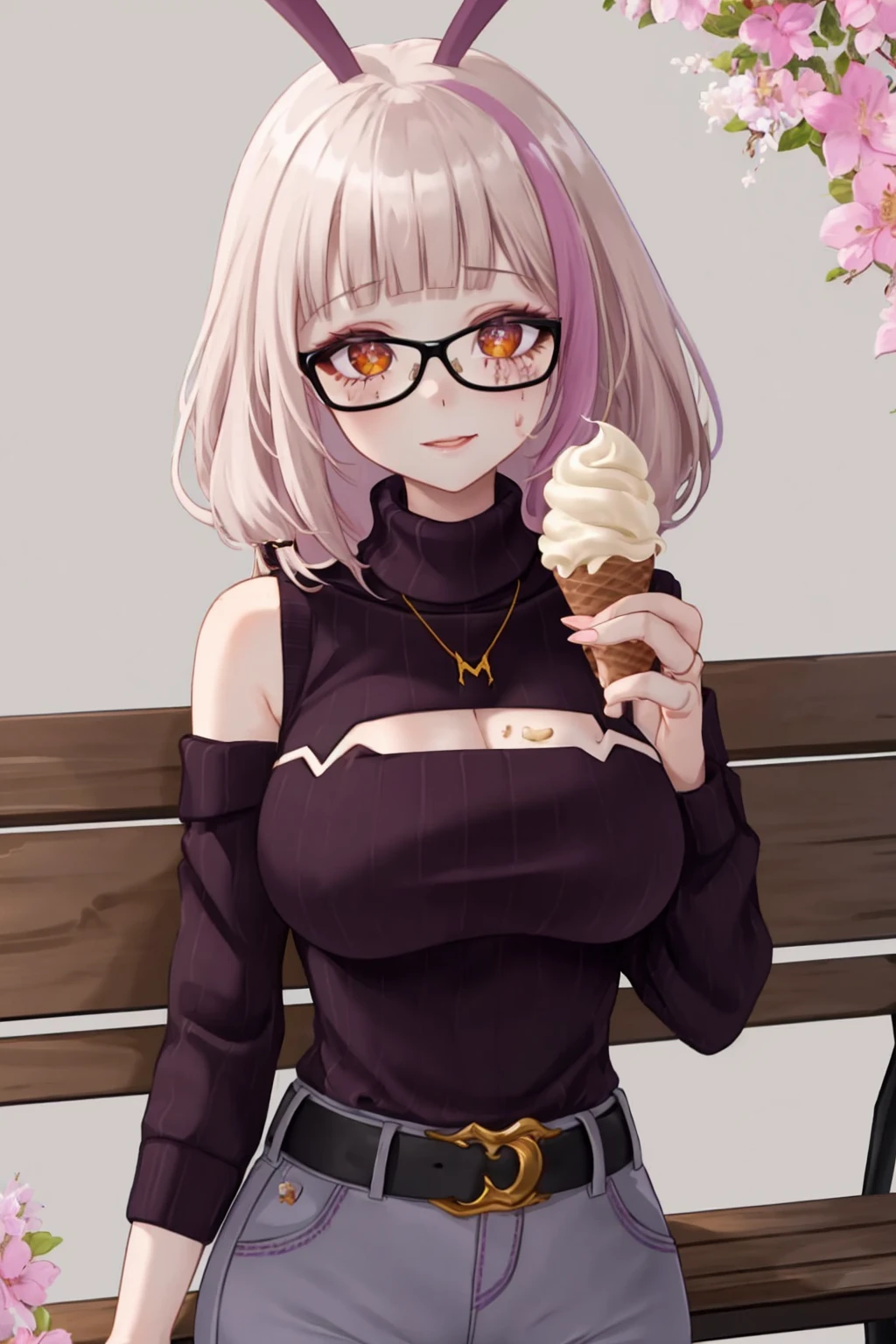 masterpiece, best quality, 1girl,  <lora:spmatarakan15:1> matarakanswt, arthropod girl, necklace, ribbed sweater, purple sweater, cleavage, cleavage cutout, grey pants, black belt, glasses, bench, cream on body, floral background, food, food on breasts, ice cream, upper body