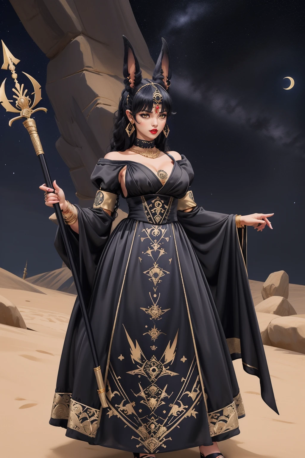 (macro shot:1.1), (battoujutsu_stance:1.1), (full body photo:1.3), adult woman, red lipstick, hud_anubis_drss, long dress, black dress with gold detail, ((black animal ears)), earrings, bracelets, necklace, gold headdress, long sleeves, puffy sleeves, high heels, staff, <lora:Anubis_Dresssd15-000008:0.7>, outdoors, night sky,