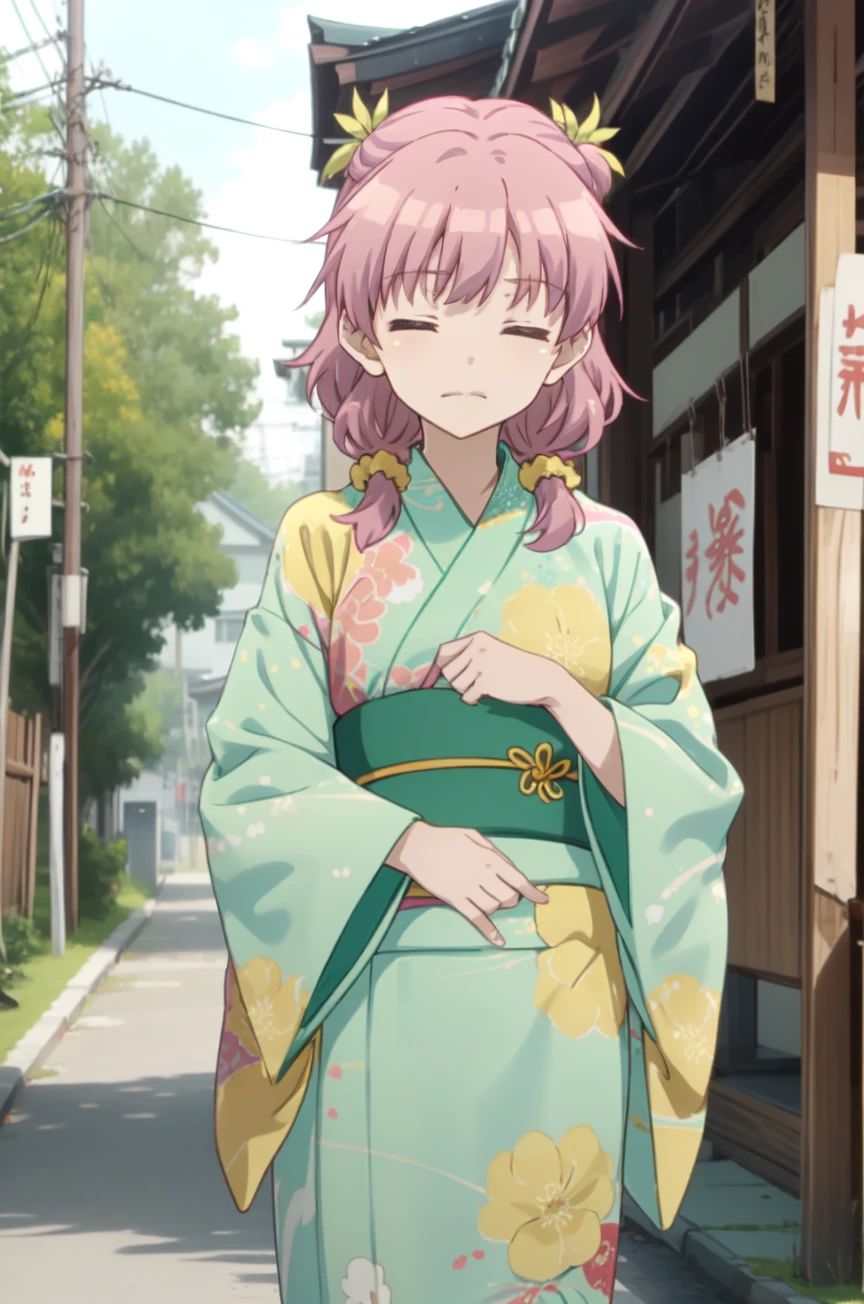 Nanaki_Moriyama, short hair, closed eyes, hair ornament, bangs, scrunchie, hair scrunchie, low twintails, japanese clothes, kimono, sash, obi, yukata, floral print, print kimono, green kimono, yellow scrunchie, cowboy shot, wide sleeves, yellow sash,