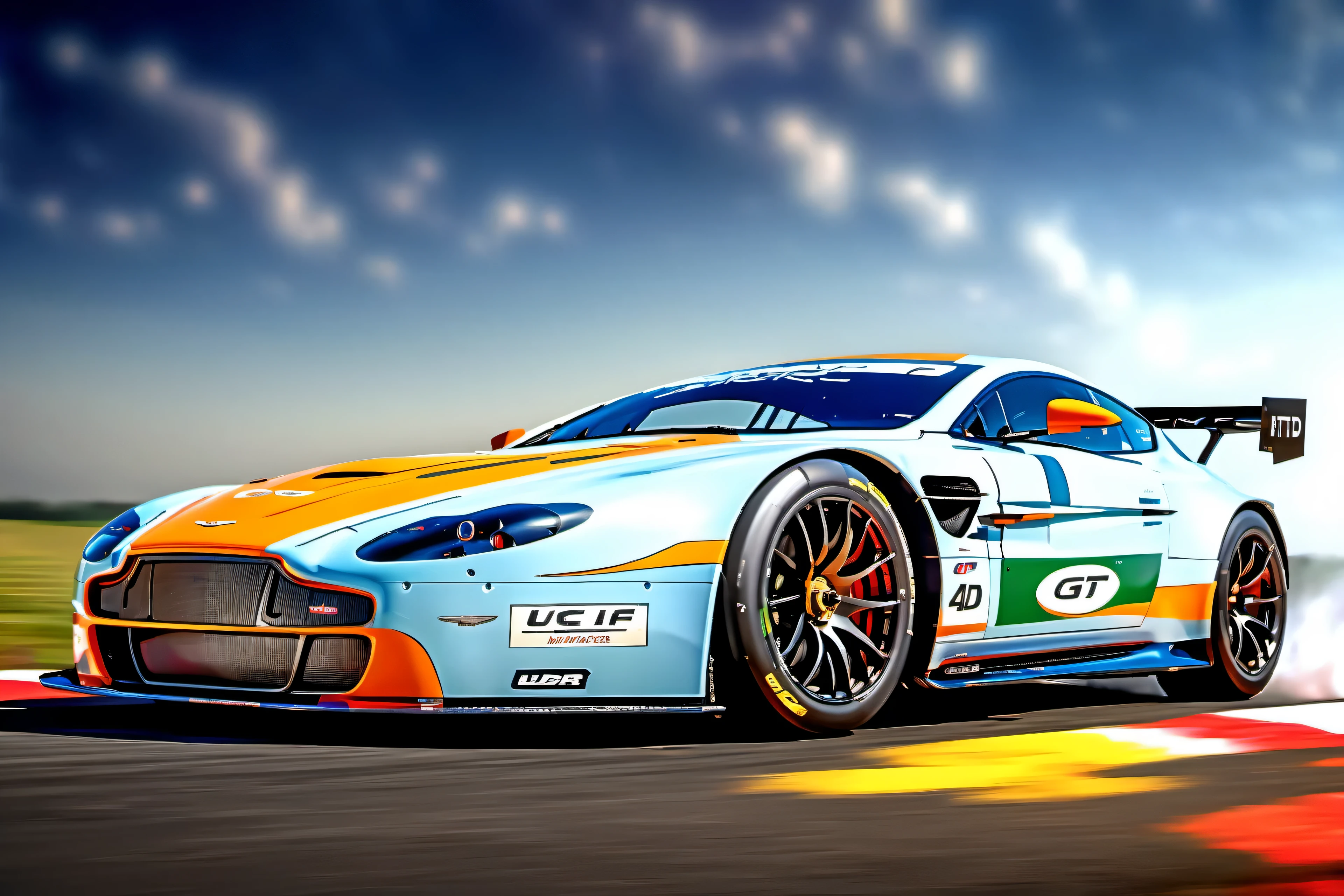 masterpiece, best quality, aston martin, V8 Vantage GT2, le mans race track, in motion, full specular sharpened 3D, HDR, UHD, vivid colors, occlusion, masterpiece, panorama, super detail, accurate, best quality, 4K, ultra-super quality, ultra-photo realistic detail, utltra-high nanite atmospheric lighting, ultra-high detailed reflections, very far shot, ultra-wide angle, 4D composite mapping, ultra-high 3D depth mapping quality, ultra-high render quality, OLED, dynamic rich shadows, ultra-high realistic graphics, HDR, (very far shot), ultra-high background detail, god rays, backlighting