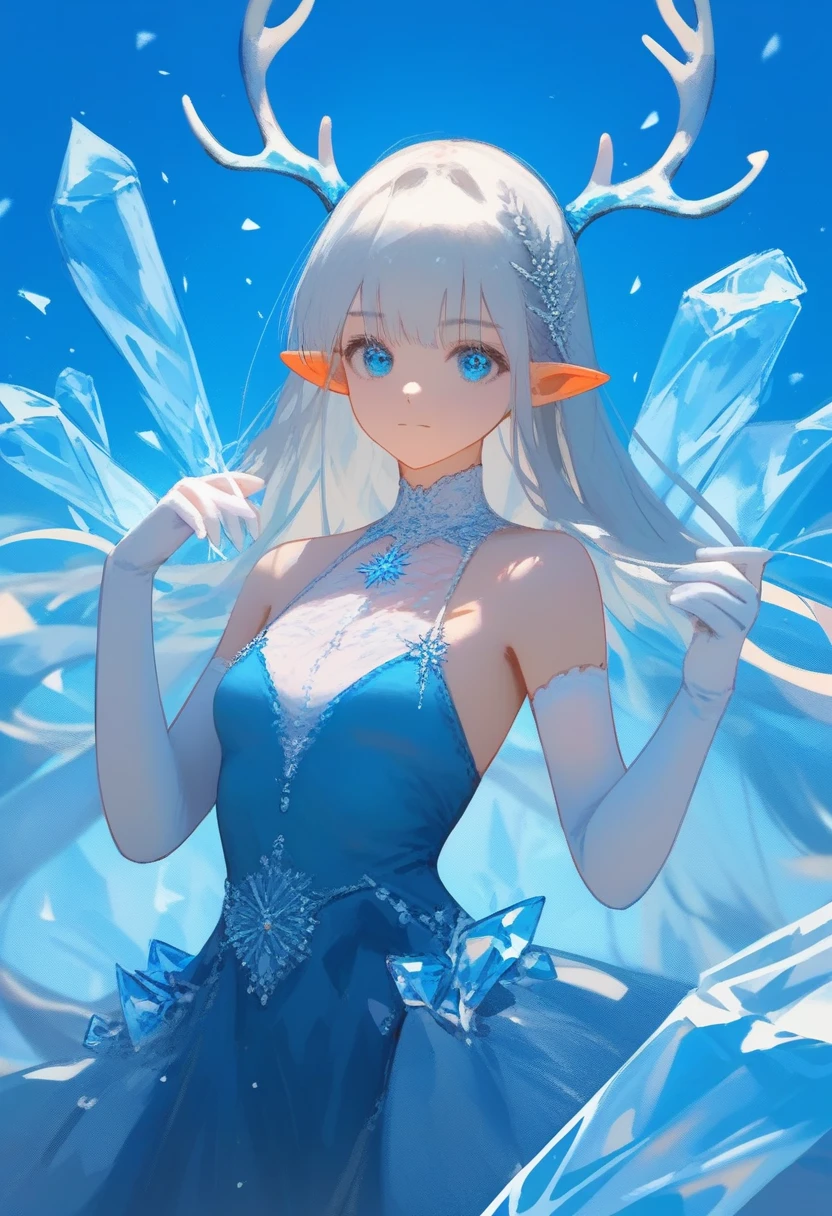 score_9,score_8_up,score_7_up,<lora:anime impasto_pony:1>,1girl,solo,blue_eyes,pointy_ears,elbow_gloves,looking_at_viewer,white_hair,bare_shoulders,blue_dress,white_gloves,sleeveless_dress,closed_mouth,antlers,blue_background,very_long_hair,small_breasts,crystal,bangs,jewelry,ice,