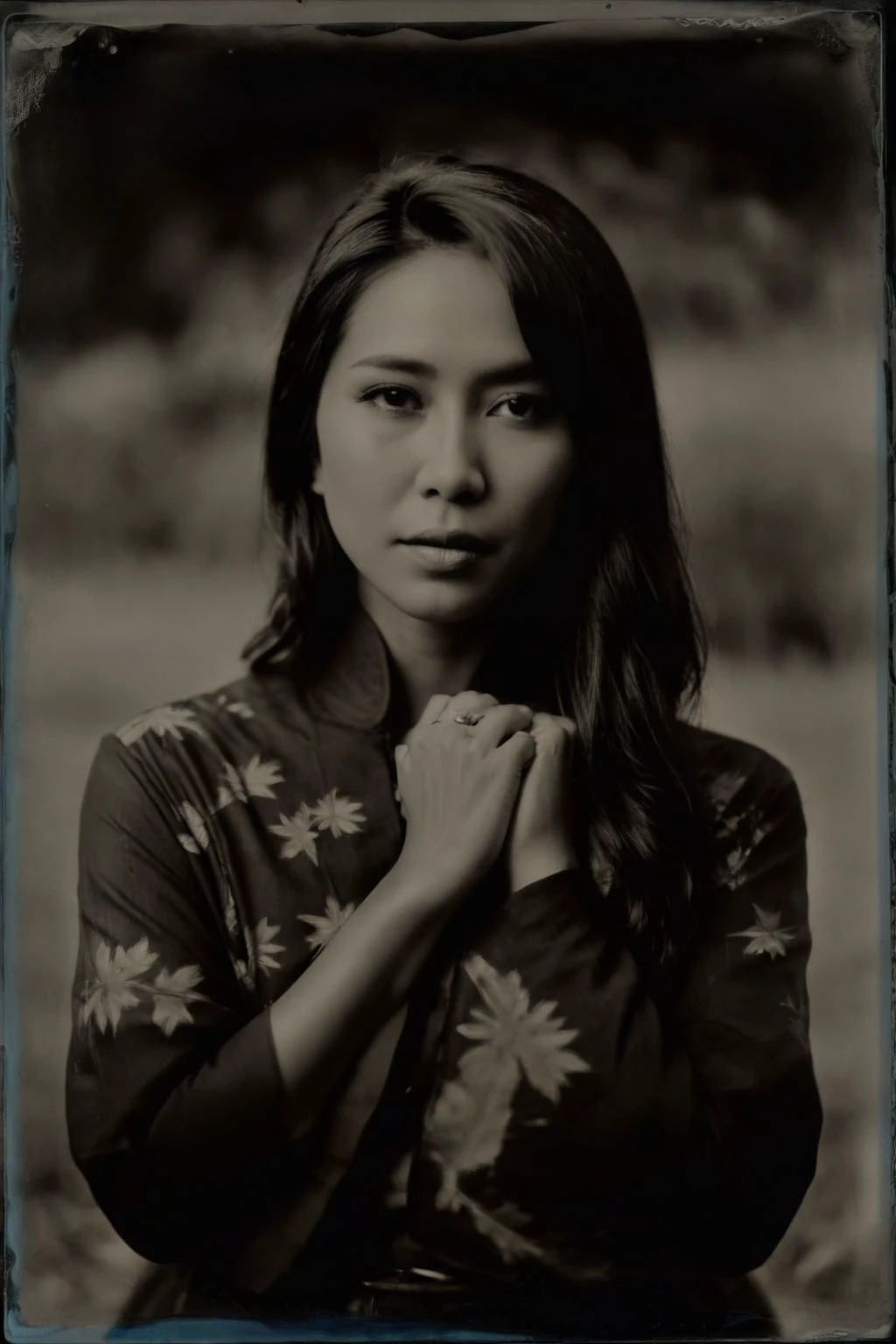 monochrome (wetplatecollodion:1.2),
a asian woman wearing native outfit,
elegant, elbows out, silhouette, nature,
selective focus
<lora:fix_hands:1>
<lora:Wet Plate Collodion_SDXLBase-V2:0.9>
