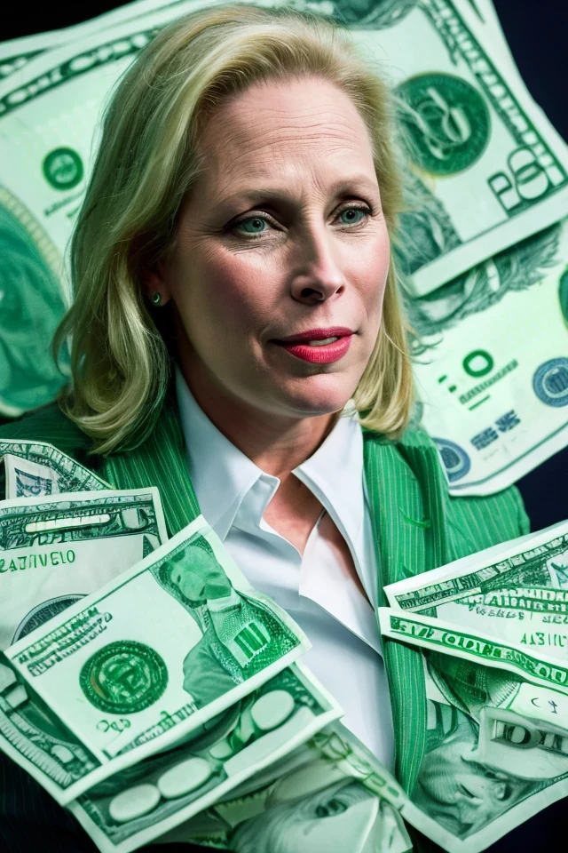kirsten gillibrand <lora:senate_064_kirsten_gillibrand:0.65> , face closeup, face focus, shirt, formal, suit, collared shirt, white shirt, jacket,
green suit, dollars, money, bills, green banknotes flying,
best quality, masterpiece, HDR, professional, studio quality, highres,