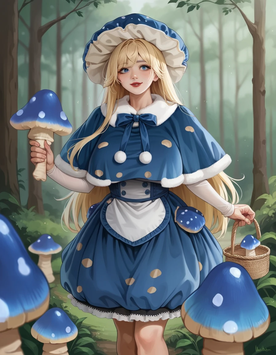 score_9, score_8_up, score_7_up, score_6_up, best quality, anime, 1girl, curvy, pale skin, long blonde hair, bangs, blue eyes,  large breasts, red lipstick,, hud_mshrm_drss, blue mushroom hat, blue dress, brown spots, pom pom (clothes), blue and white fur-trimmed capelet, mushrooms, <lora:mushroom_dress:0.8>, standing, forest, front view, light smile, holding