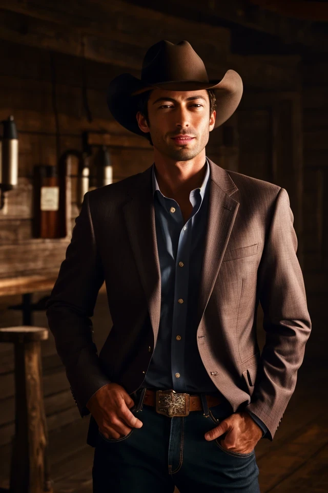 jon ossoff <lora:senate_019_jon_ossoff:0.65> , face closeup, face focus, shirt, formal, suit, collared shirt, white shirt, jacket,
Dressed in cowboy attire with a ten-gallon hat and cowboy boots, standing in front of a Western saloon, lasso or branding iron,
best quality, masterpiece, HDR, professional, studio quality, highres,