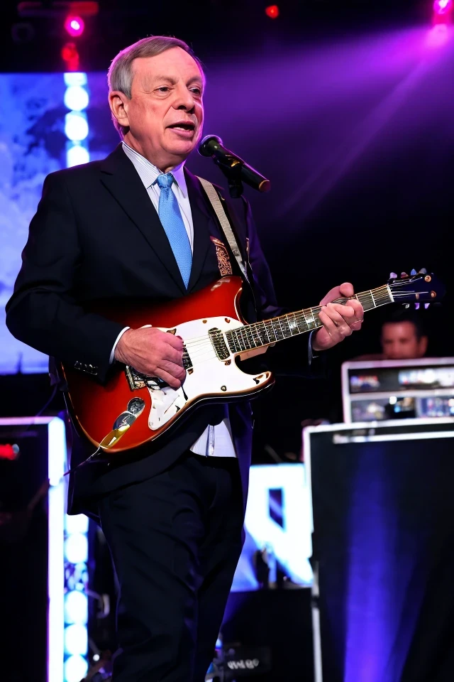 dick durbin <lora:senate_025_dick_durbin:0.65> , face closeup, face focus, shirt, formal, suit, collared shirt, white shirt, jacket,
Senate Rockstar: Dressed in leather pants, a rock band t-shirt, and sunglasses, holding an electric guitar on a stage with flashing lights and a cheering crowd in the background,
best quality, masterpiece, HDR, professional, studio quality, highres,